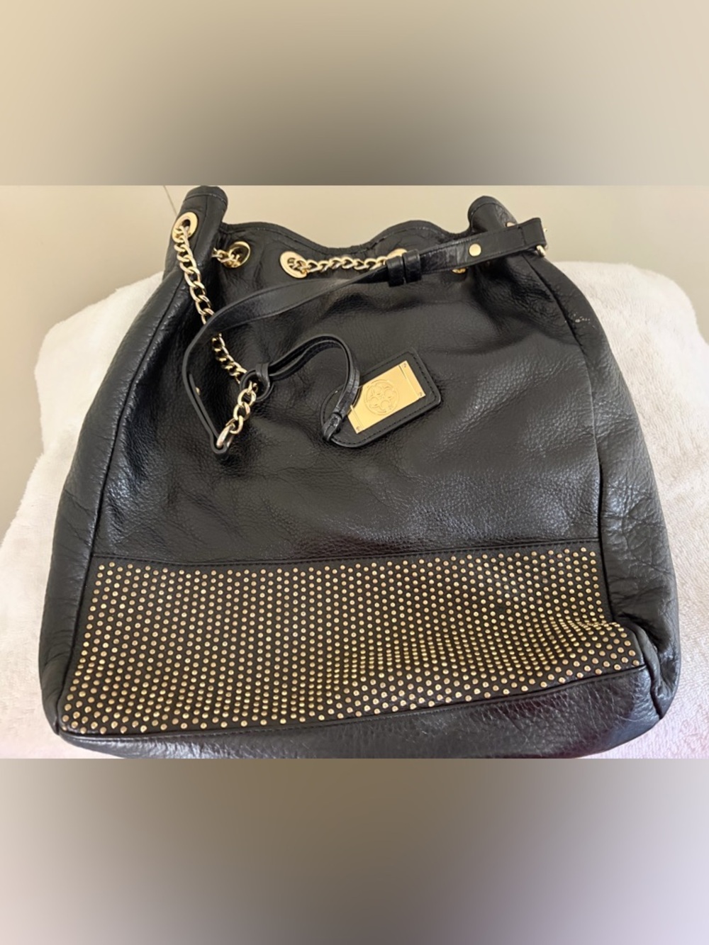 Carlisle Black Leather Shoulder Bag with Gold Studs